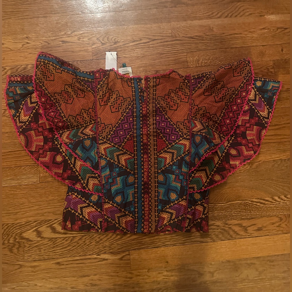 Farm Rio Yawanawa Stripes Blouse: Colorful Geometric Patterned Women's Top NWT - Picture 5 of 7